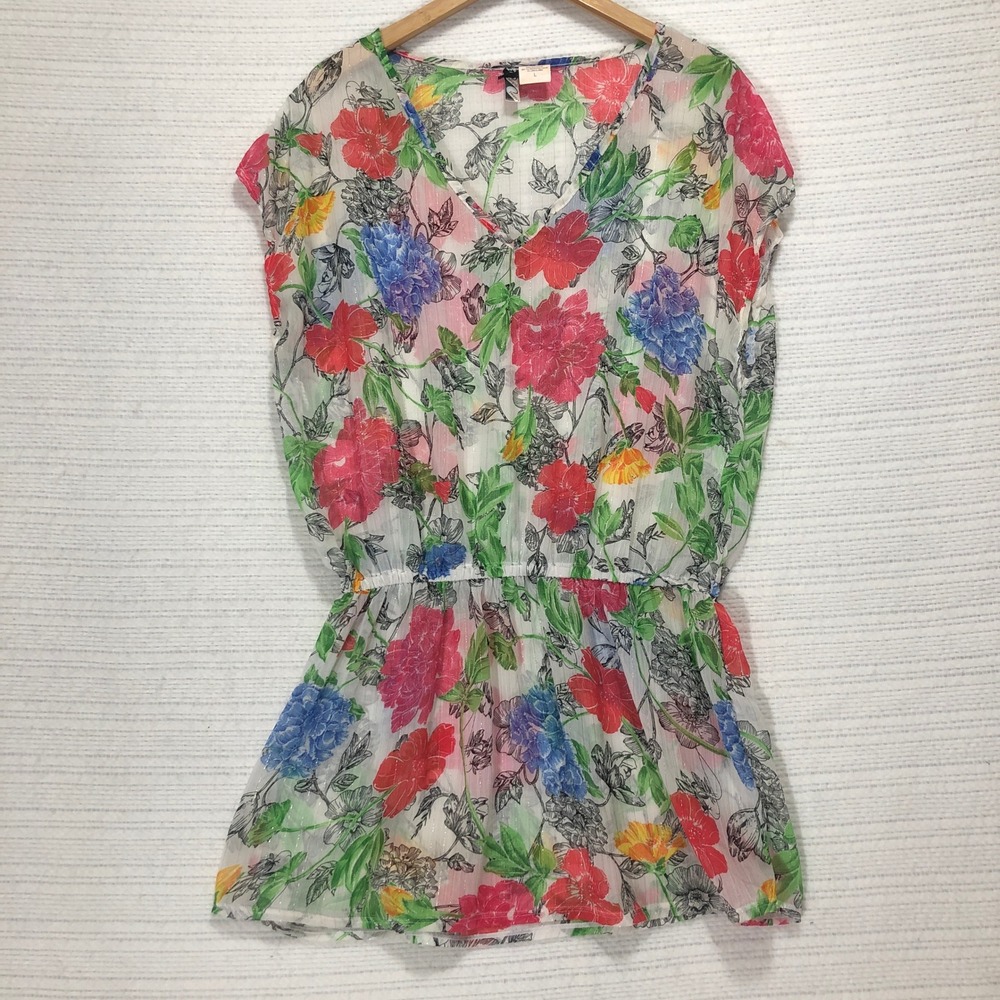 Simply Swim Floral Cover-Up Sheer V-Neck Swim Beach Pool Resort L